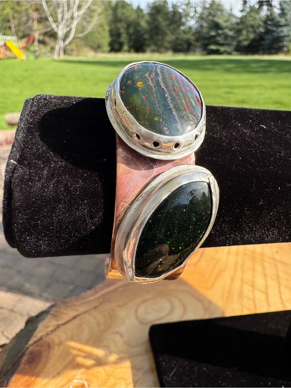 Handcrafted Double Stone Copper Cuff Bracelet - Green & Forest Accents